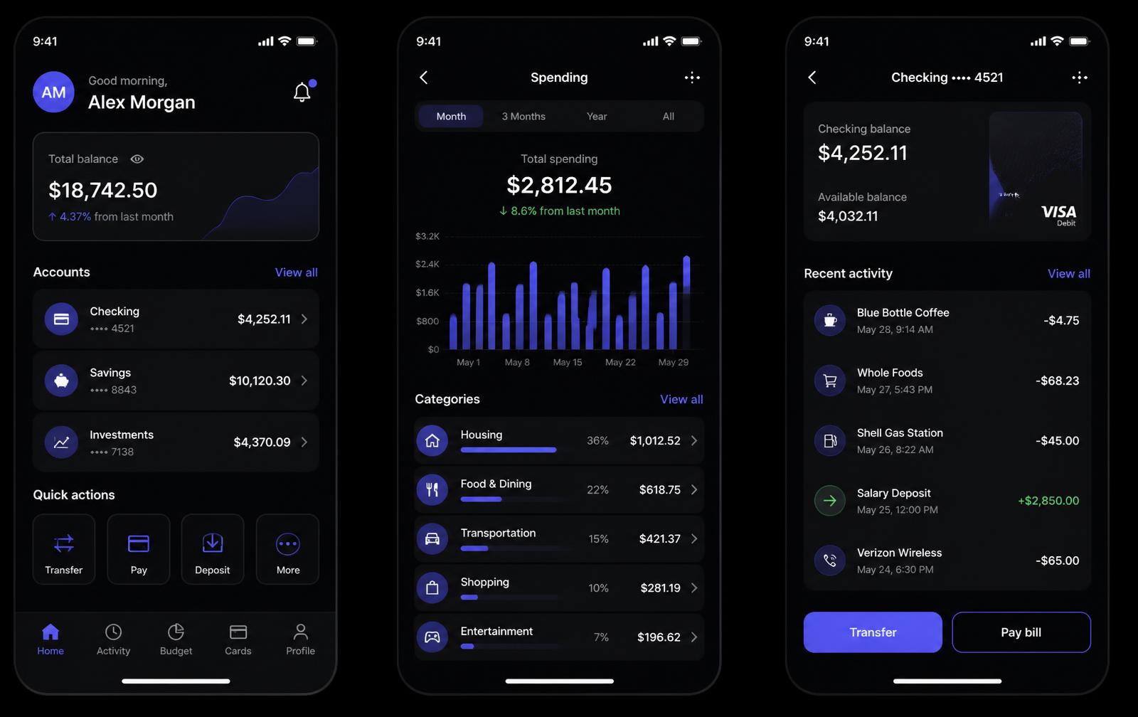 Dark-mode mobile banking interface screens
